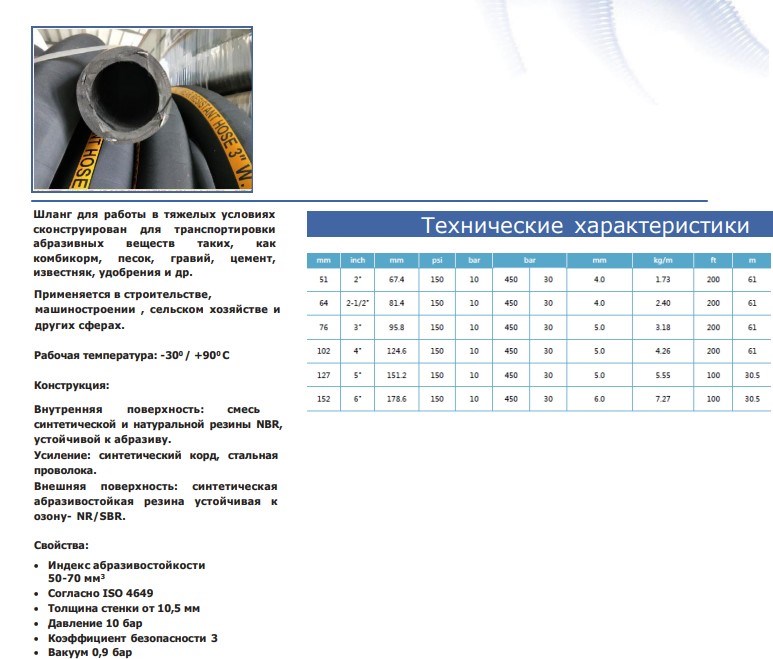 Рукав D=127x12мм ABRASIVE 10 bar, напорно-всасывающий для цемента